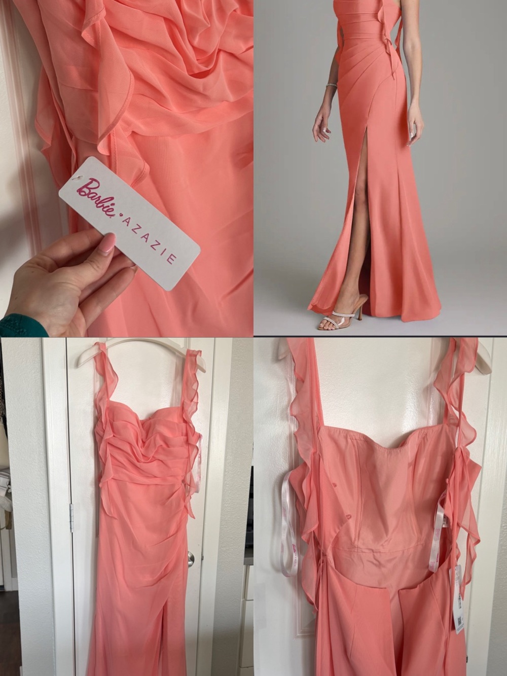 AZAZIE Barbie Coral Ruffled Strap Evening Gown Bridesmaid Wedding Guest NEW